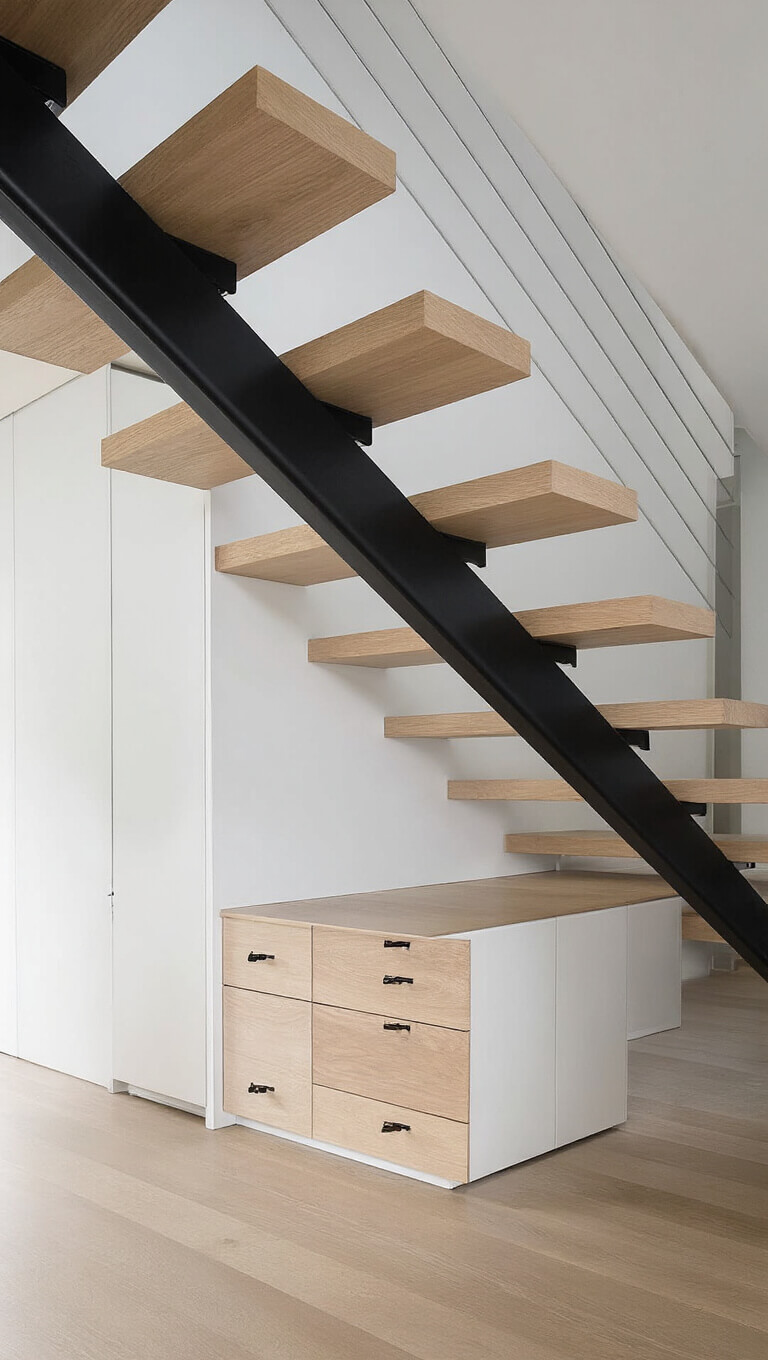 Custom white oak staircase with integrated storage, black steel structure, and leather drawer pulls, lit by morning light.