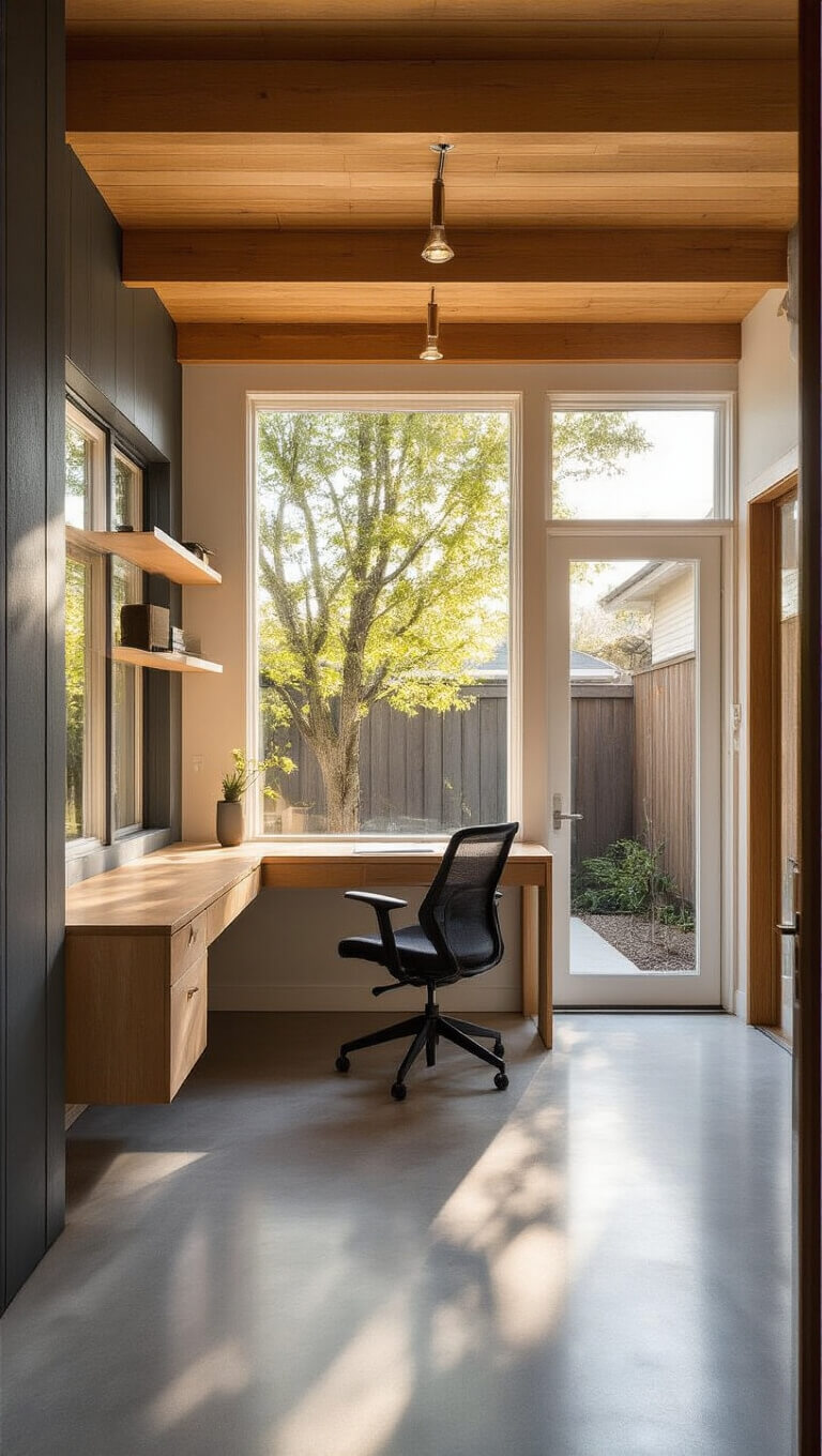 Modern minimalist backyard studio with polished concrete floors, exposed beam ceiling, floor-to-ceiling windows, white oak desk, and cedar accents illuminated by golden hour light.