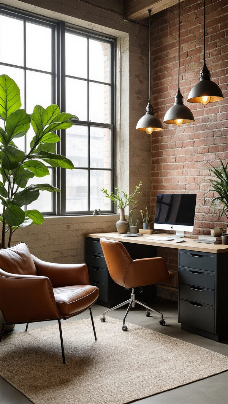 Interior of a creative studio with industrial desk, leather armchair, matte black storage, pendant lights, and fiddle leaf fig tree.