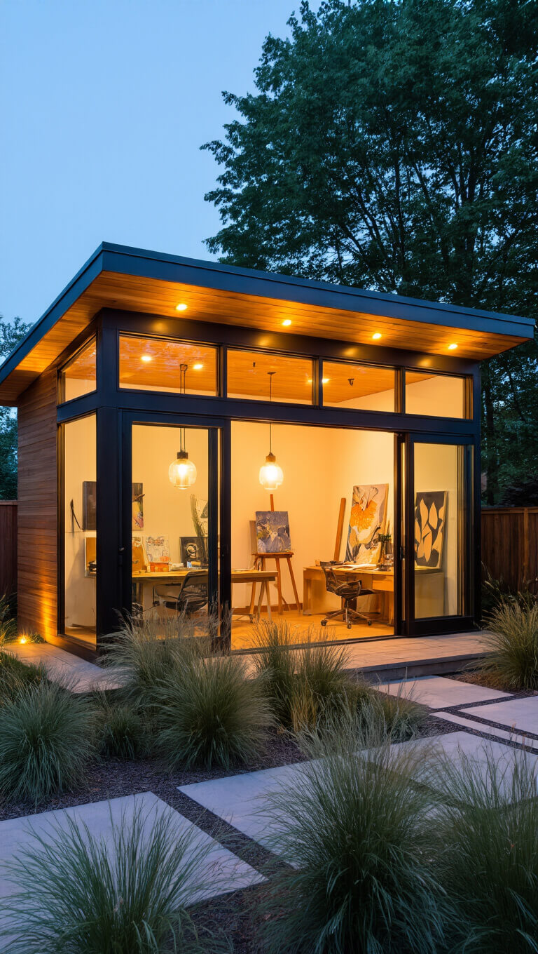 Dusk view of modern 8'x12' cedar and glass garden studio with butterfly roof, glowing pendant-lit interior, sliding glass doors, uplighting, and landscaped surroundings with grasses and geometric pavers.