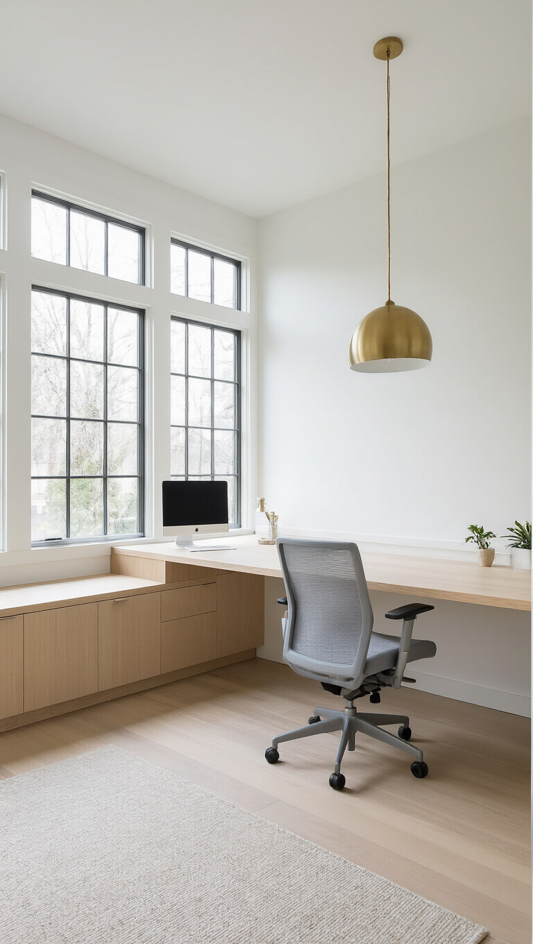 Minimalist tech studio with white walls, pale oak floors, built-in desk, ergonomic gray chair, and brass pendant light in soft morning light.
