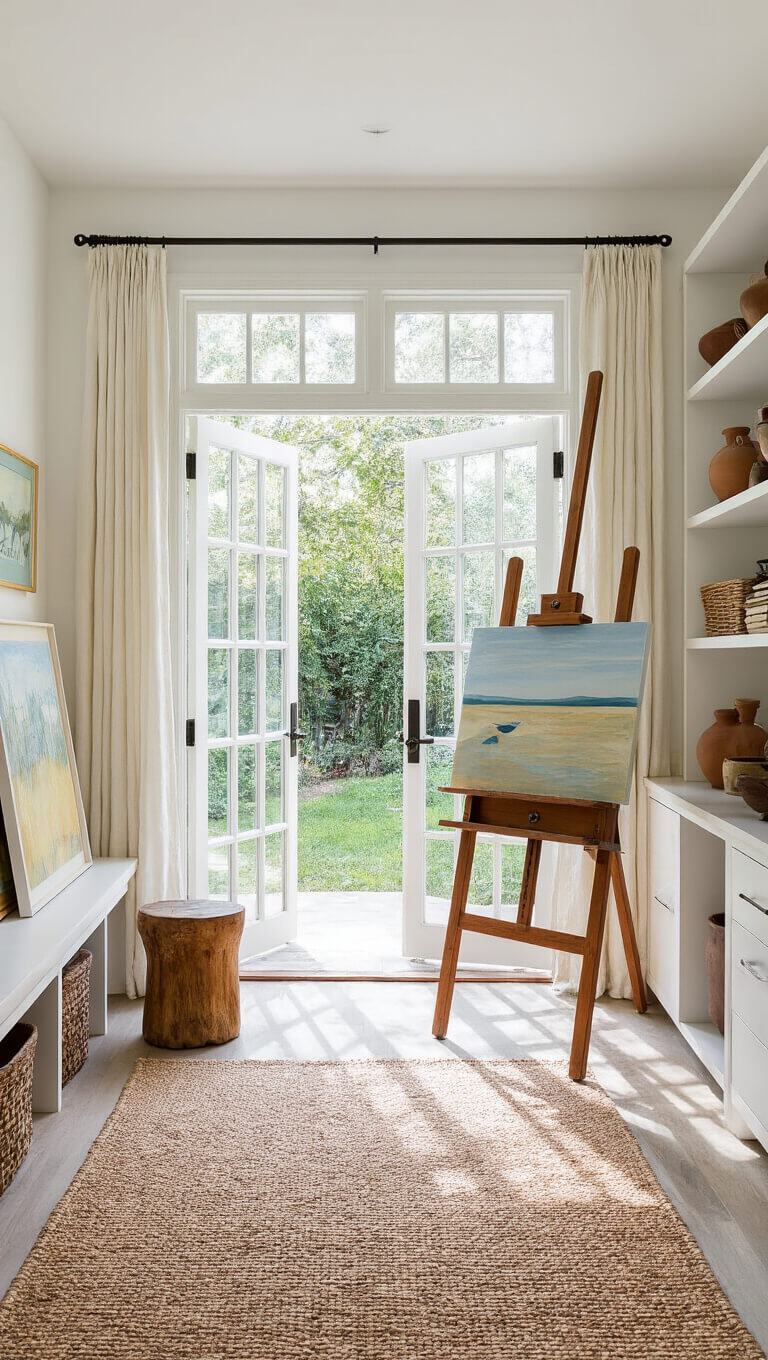 Artist's garden studio with white walls, French doors open to sunlit garden, central easel and stool, textured rug, linen curtains, and pottery display.