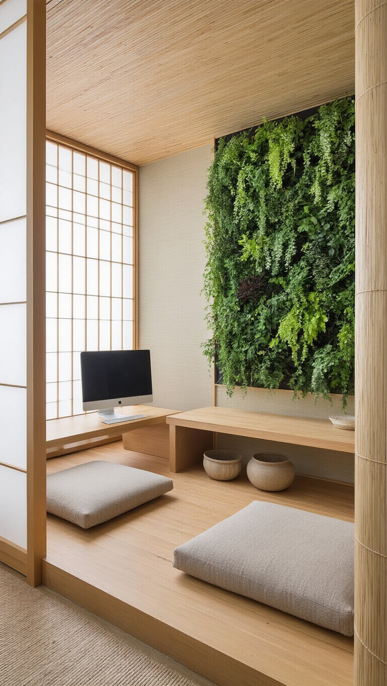 Zen-inspired 8'x10' studio with rice paper screens, platform seating, floating desk, living plant wall, and natural materials like bamboo flooring and grasscloth walls.