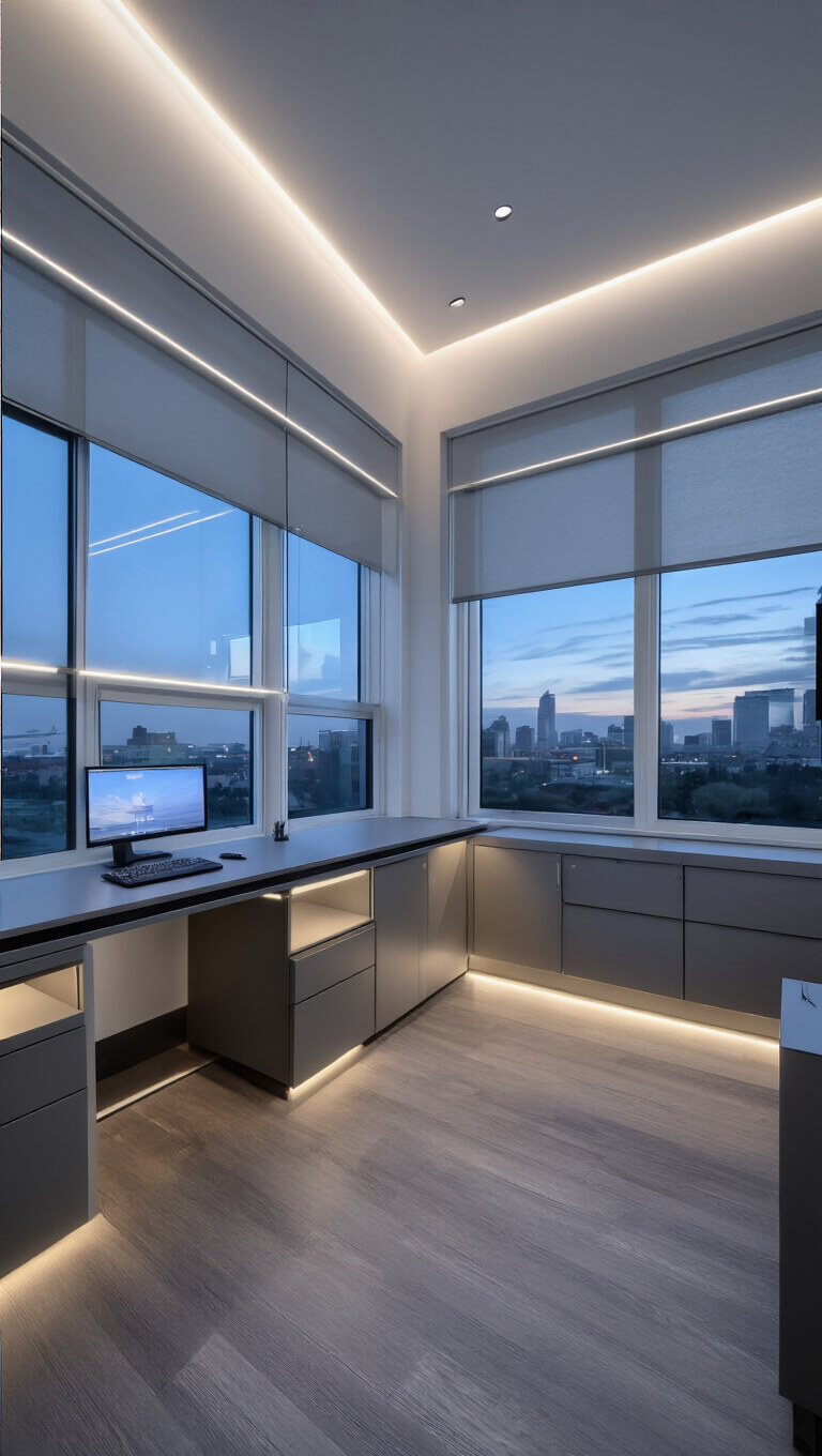 Twilight view of modern 10'x18' smart studio with integrated tech, smart glass windows, ambient LED lighting, and sleek modular furniture.