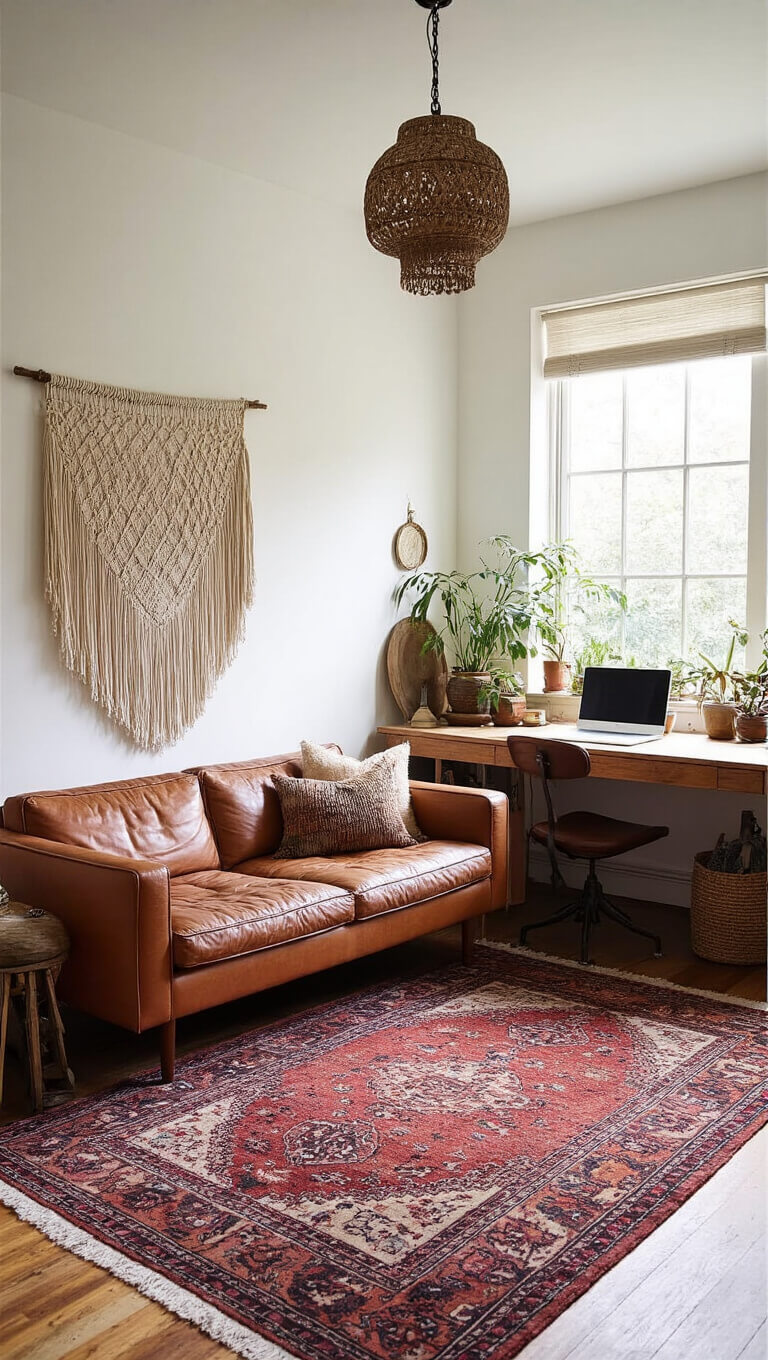 Bohemian studio interior with vintage rug, low leather sofa, macramé wall art, eclectic decor, and sunlit floating desk by window.