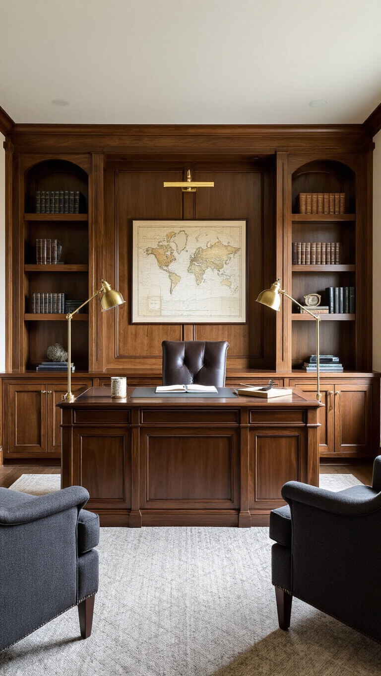 Professional home office with walnut L-shaped desk, wood-paneled wall, built-in bookshelves, and charcoal club chairs, lit by morning light.