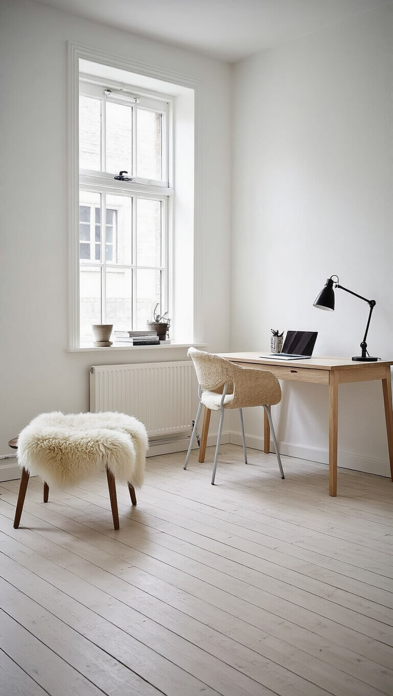 Scandinavian-inspired studio with bleached oak desk, sheepskin throws, and black metal accents in bright, airy 9'x12' workspace.