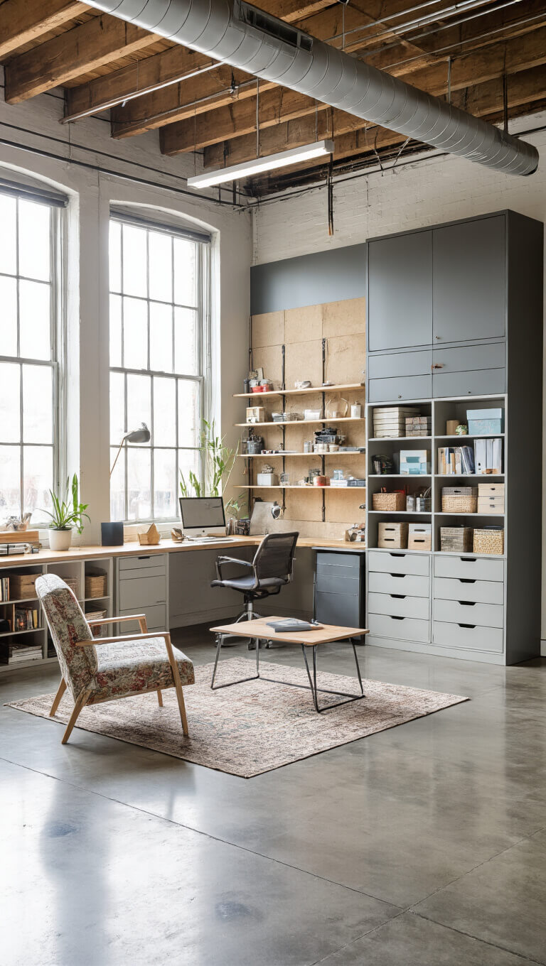 Flexible 12'x16' creative studio with modular furniture zones, custom storage wall, and industrial design elements in late morning light.