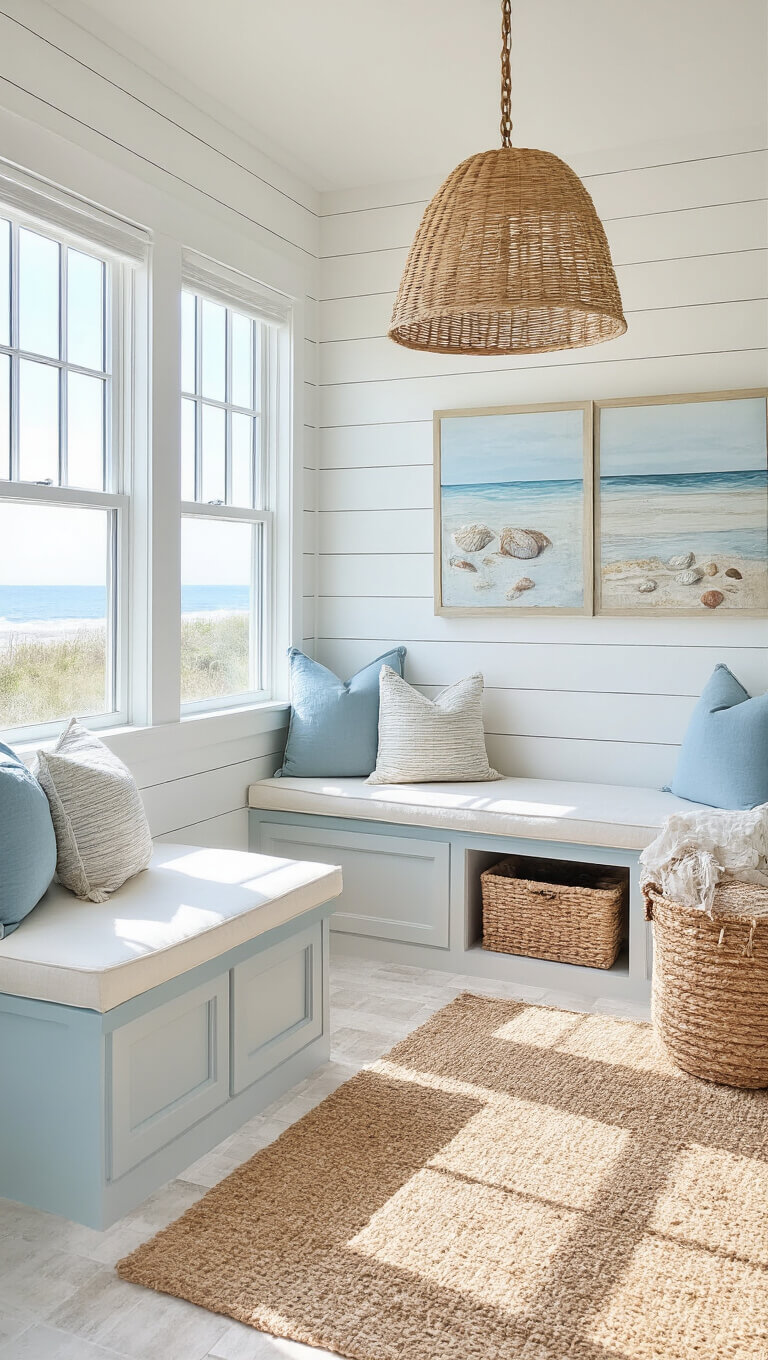Bright coastal-themed studio with white shiplap walls, pale blue accents, window seat, rattan pendant, natural fiber rug, and beach-inspired decor.