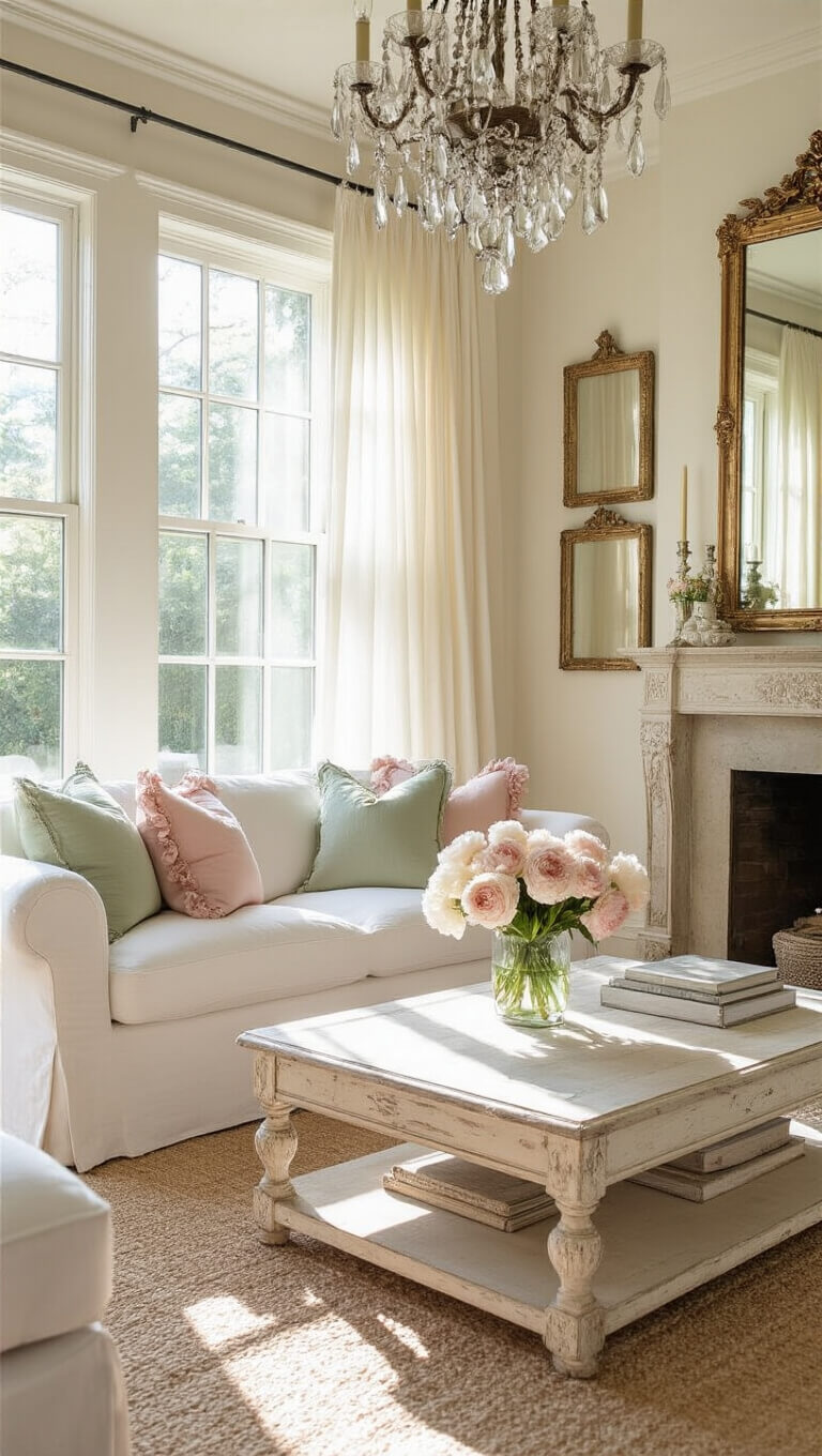 Sunlit living room with white sofa, pastel pillows, vintage mirrors, and peonies on a rustic coffee table, softly lit by late afternoon light.
