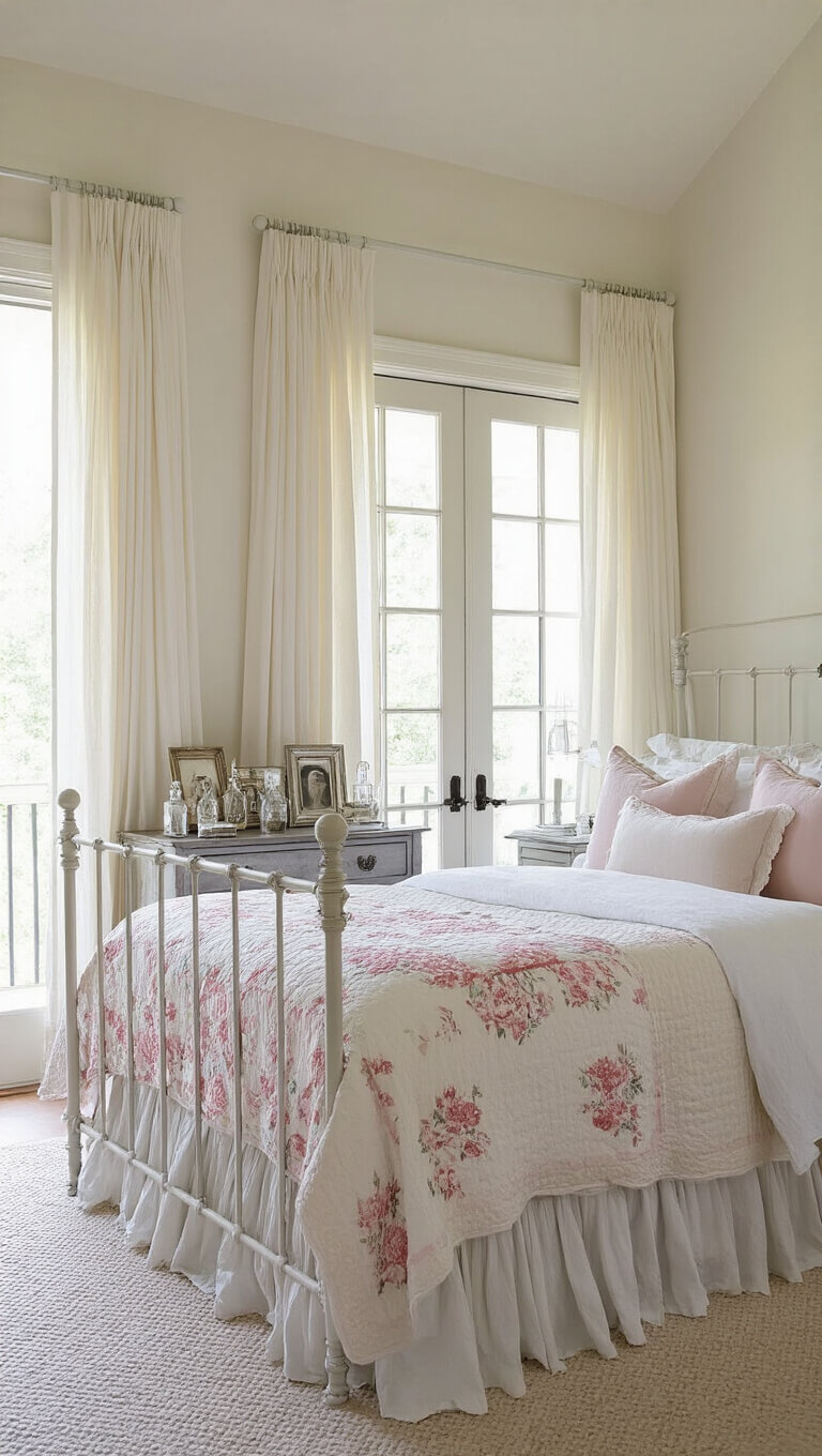 Cozy bedroom with an antique white iron bed, rose-patterned quilt, and soft morning light streaming through tall ivory-curtained windows.