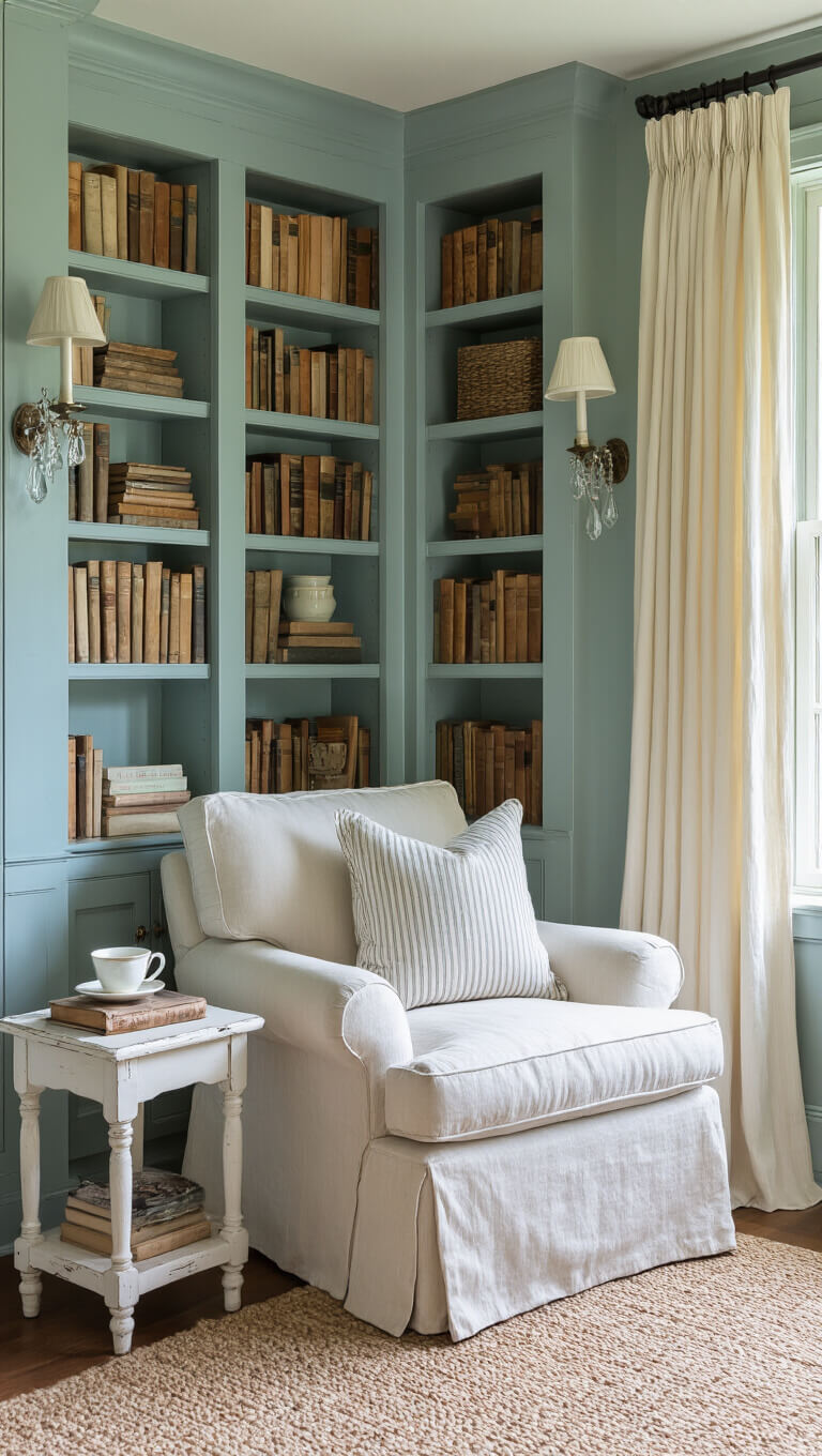 Cozy reading nook with distressed duck egg blue bookshelves, slipcovered armchair, vintage side table, and soft lighting from crystal sconces.