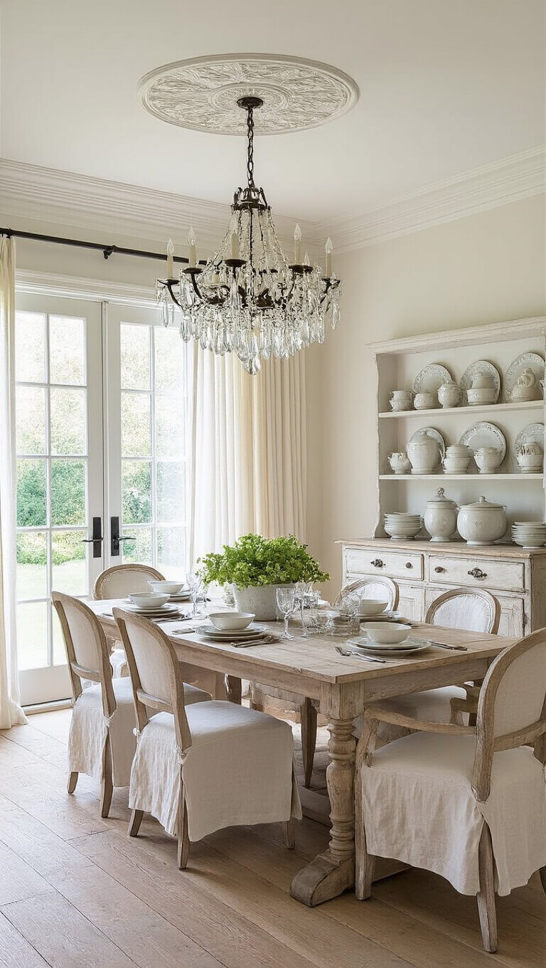 Bright farmhouse dining room with mismatched chairs, crystal chandelier, and whitewashed table set for mid-morning light.