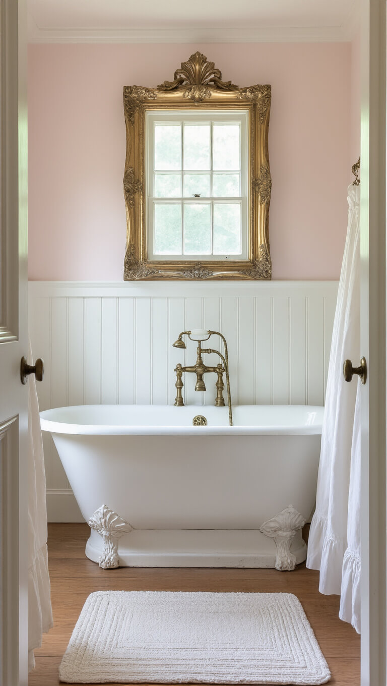 Serene 8x10 powder room with soft white beadboard wainscoting, pale pink walls, vintage claw-foot tub with brass fixtures, frosted window light, and ornate aged mirror.