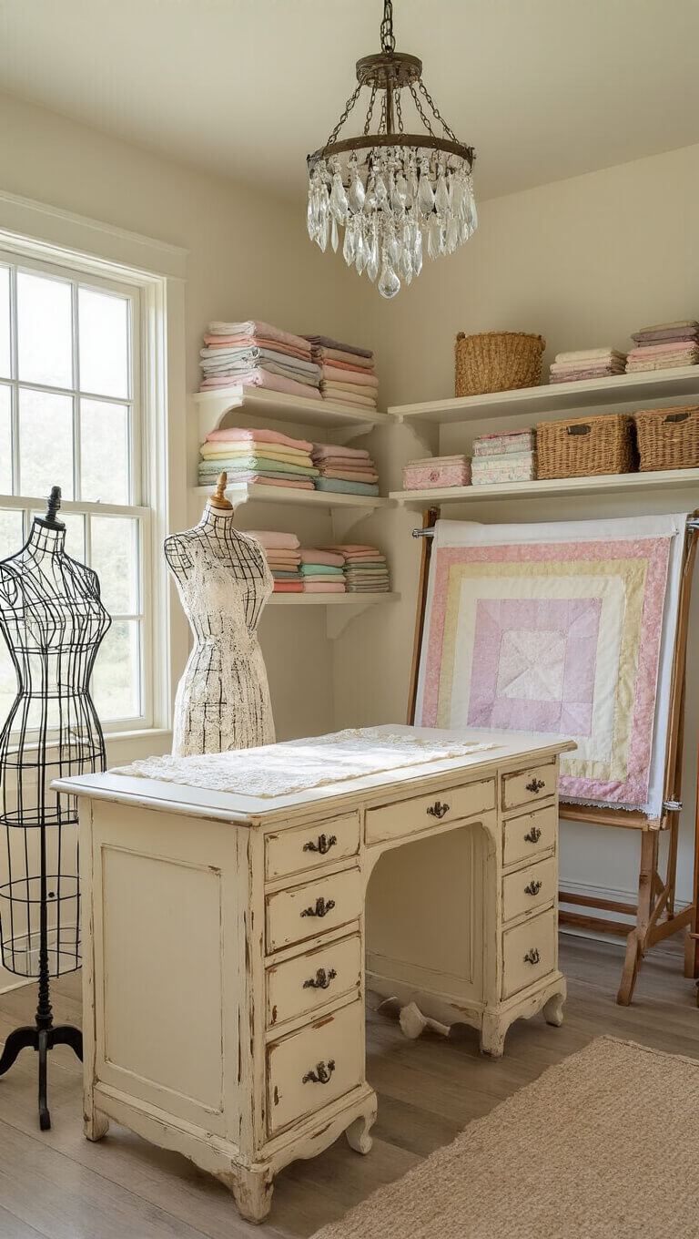 Cozy 10x12 craft room with vintage cream desk, fabric shelves, wire dress form with lace, quilting frame, and soft afternoon light.