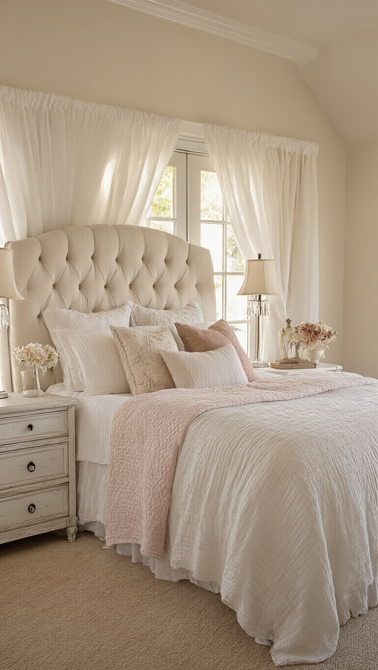 Cream tufted bed with layered white and blush bedding in sunlit master suite, flanked by distressed white nightstands and crystal lamps, with billowing sheers over French doors.