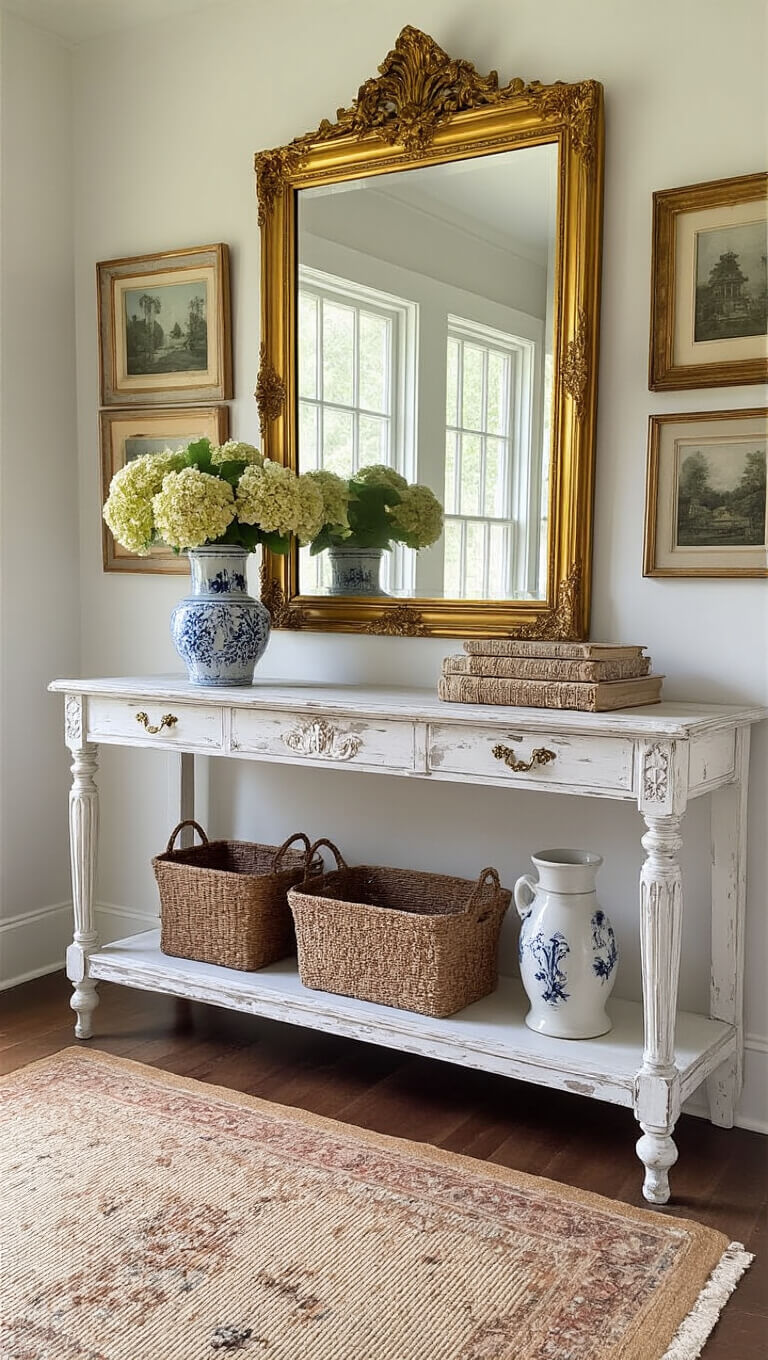 Charming vintage entryway with white console table, gold mirror, gallery wall of weathered frames, and floral-filled umbrella stand.