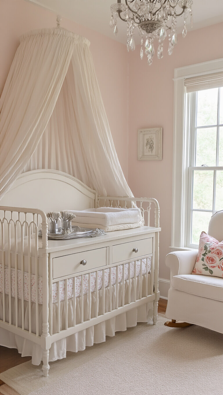 Dreamy nursery with antique white iron crib, pale pink walls, vintage changing table, and soft morning light.