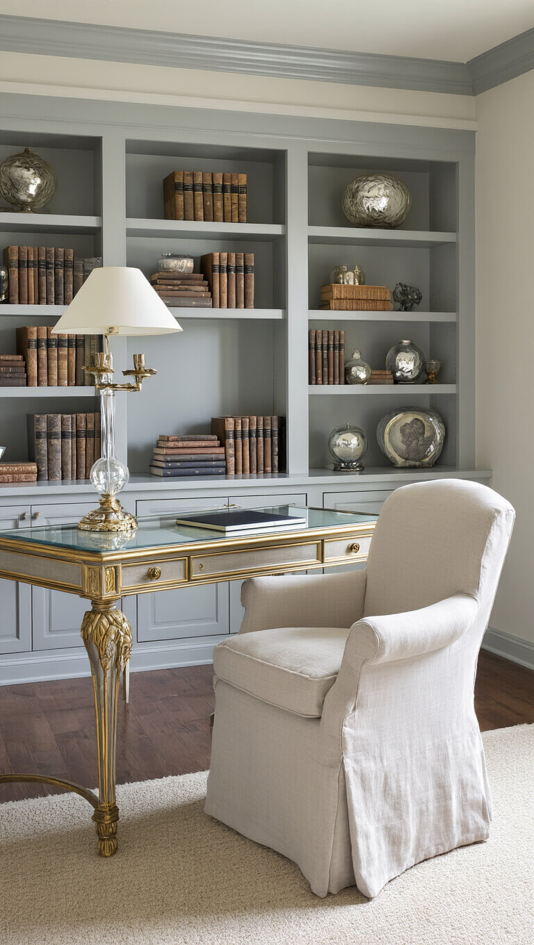 Elegant home office with gray built-in bookshelves, French glass-top desk, linen slipcovered chair, vintage books, and crystal lamp in soft afternoon light.