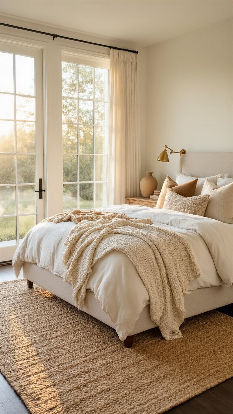 Sunlit 14x16ft bedroom with an ivory upholstered queen bed, layered neutral bedding, oak nightstands, brass lamps, and a jute rug on dark hardwood floors.