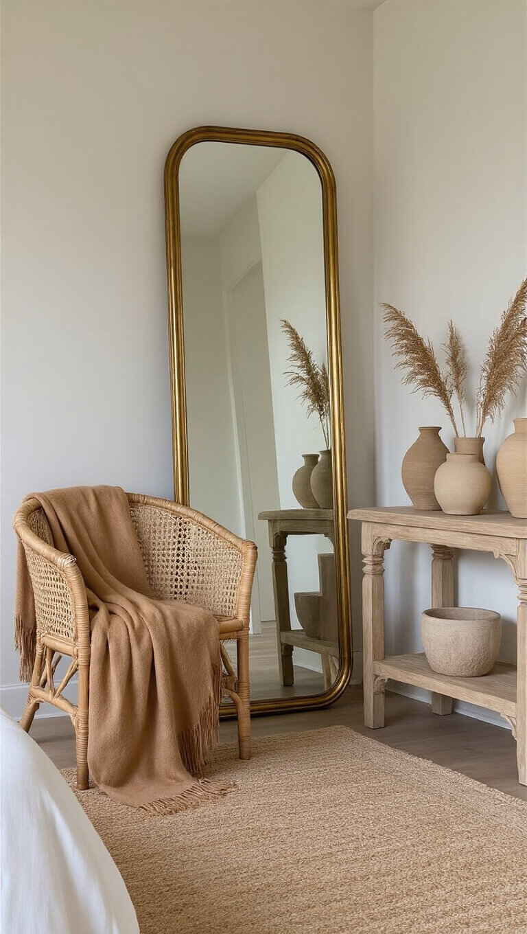 Cozy bedroom corner with vintage brass mirror reflecting sculptural pottery on bleached oak console table, rattan chair draped in camel cashmere throw in soft morning light.