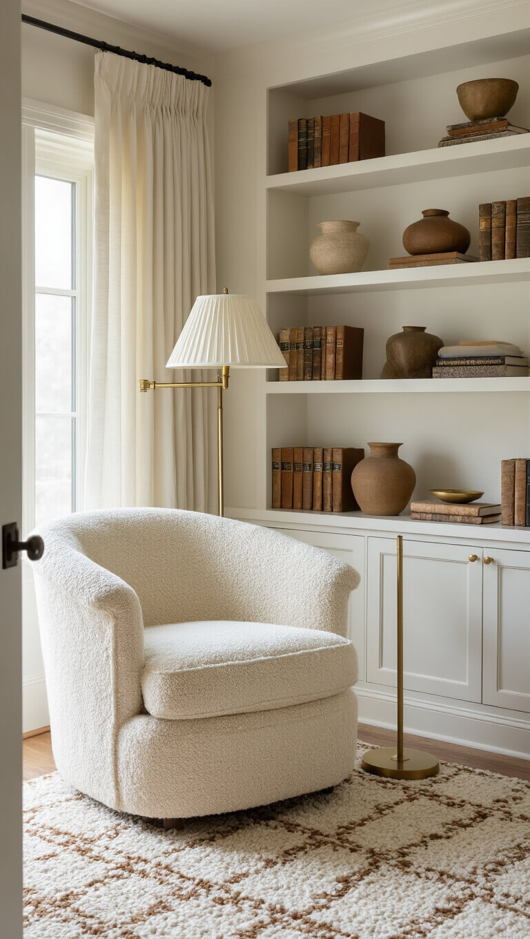 Cozy bedroom reading nook with cream bouclé barrel chair, brass lamp, white built-in shelves with books and décor, ivory and brown wool carpet, and gauzy linen curtains filtering soft morning light.