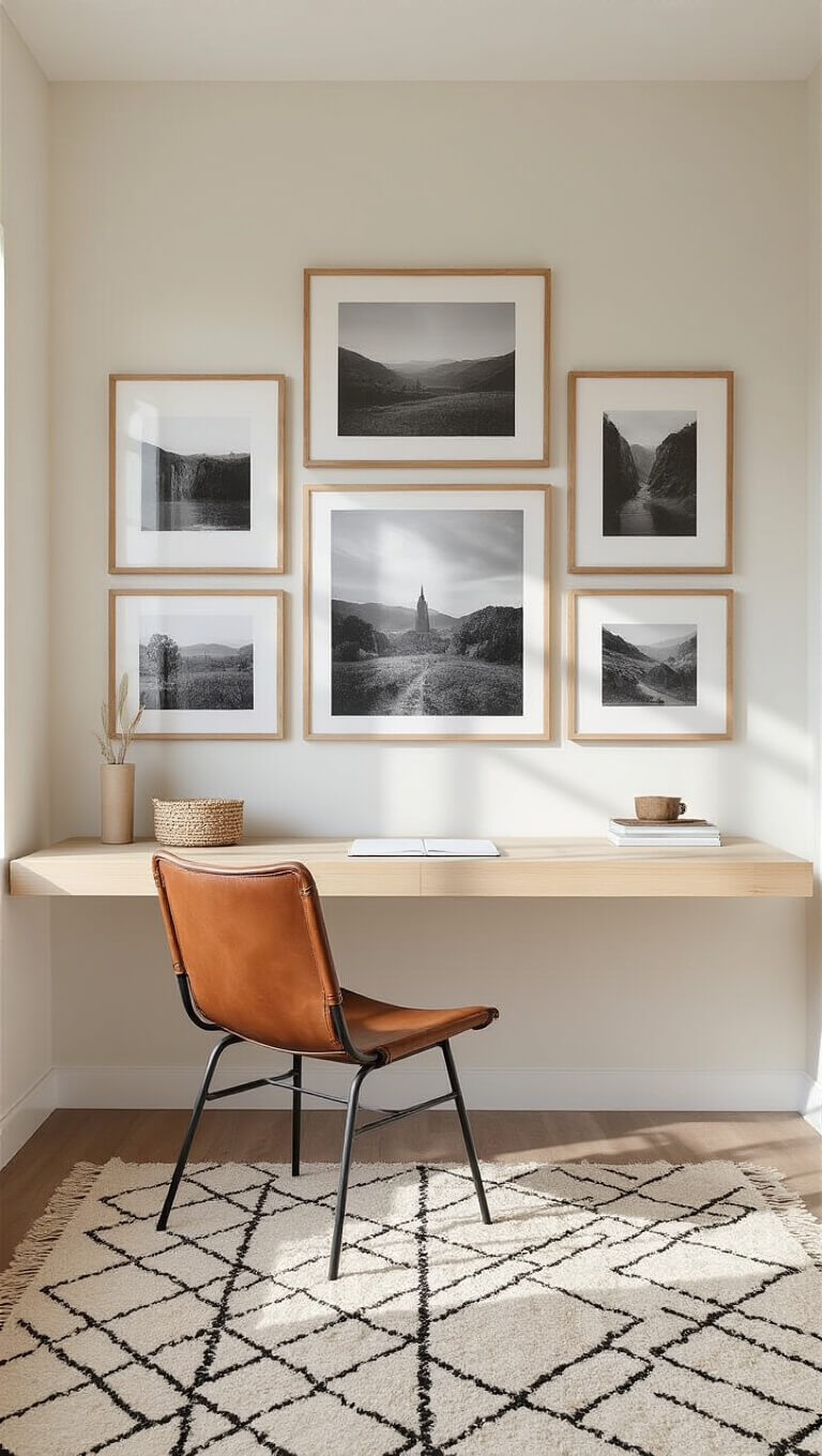 Minimalist 15x15ft bedroom workspace with floating bleached maple desk, cognac leather sling chair, black and white photography gallery wall, Moroccan diamond rug, and diffused afternoon light.