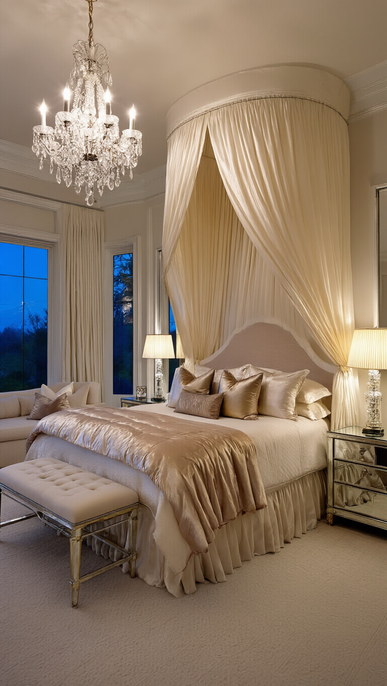 Elegant twilight-lit bedroom suite with a canopy king bed, luxe linens, mirrored nightstands, alabaster lamps, and crystal chandelier.