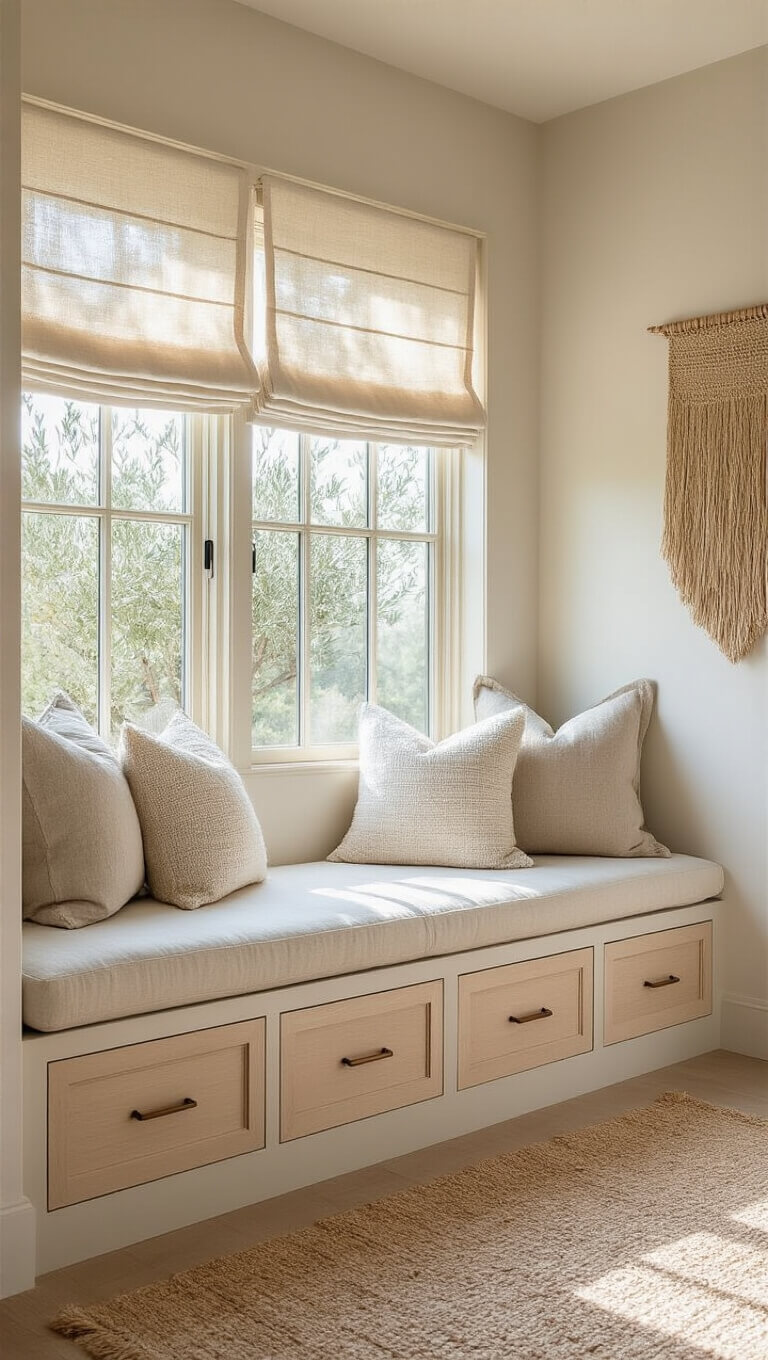 Serene 14x14ft bedroom alcove with built-in linen window seat, sand-toned pillows, pickled oak drawers, sheer roman shades, olive trees, and neutral handwoven wall hanging in soft morning light.
