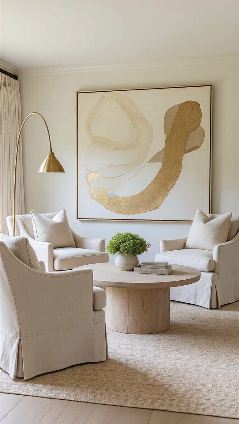 Transitional bedroom sitting area with two oatmeal linen chairs, round bleached oak coffee table, abstract ivory and gold artwork, brushed brass floor lamp, and ivory drapes framing garden view.