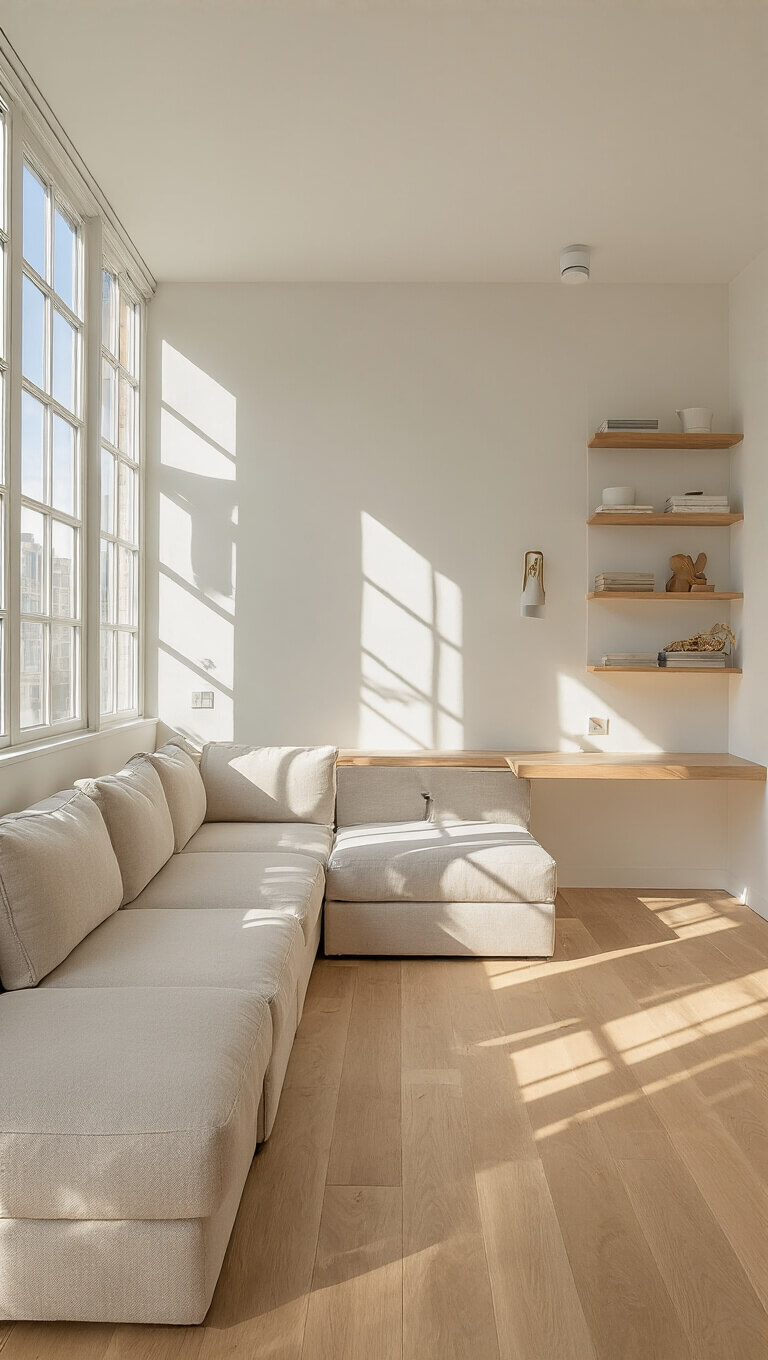 Sunlit studio apartment with white walls, light oak floors, Murphy bed/desk combo, oatmeal linen sectional, floating shelves, mirrors, and large windows during golden hour.