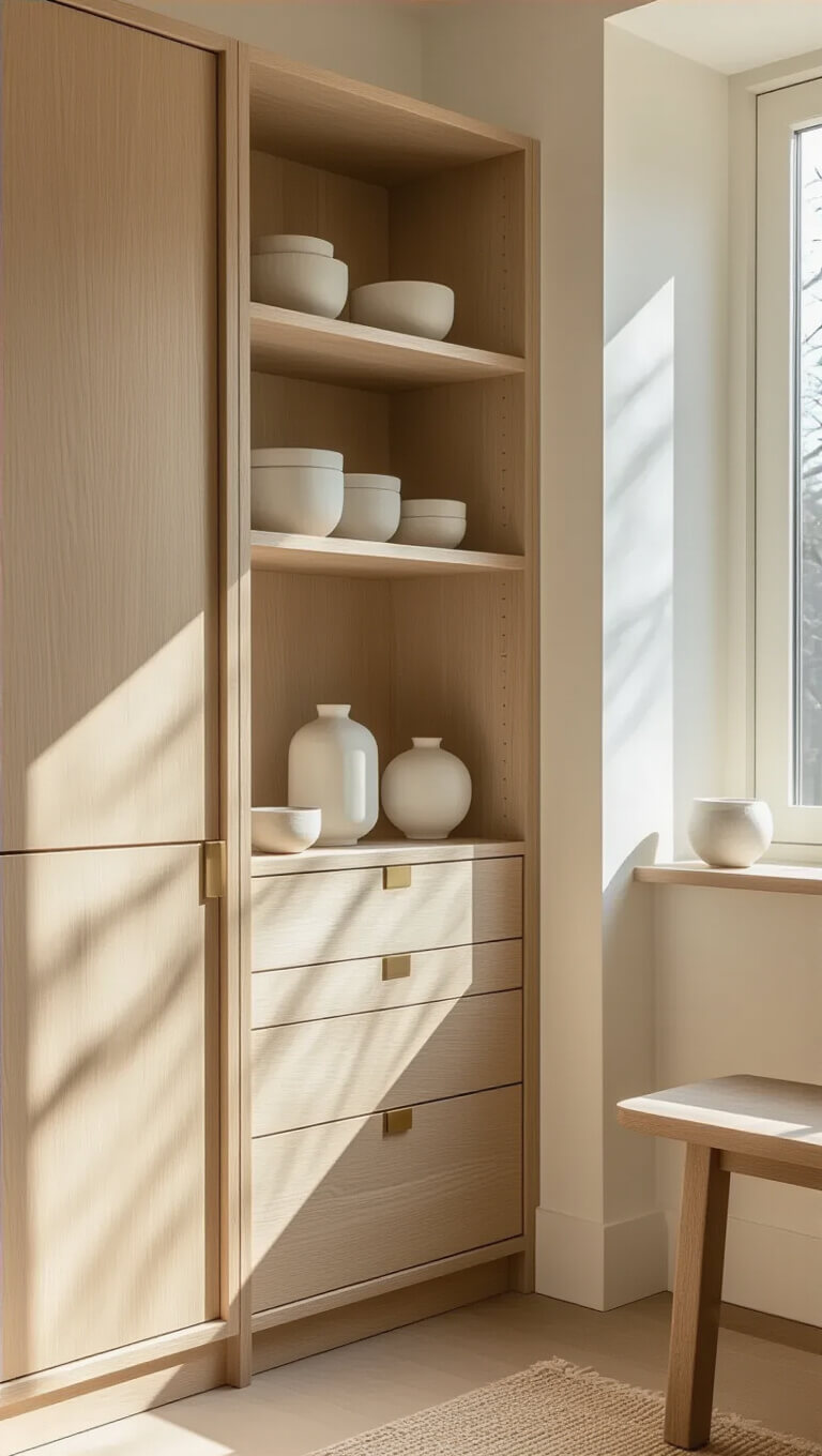 Low-angle view of a bleached oak vertical storage unit with minimalist white ceramics and brass accents, bathed in soft mid-morning natural light.