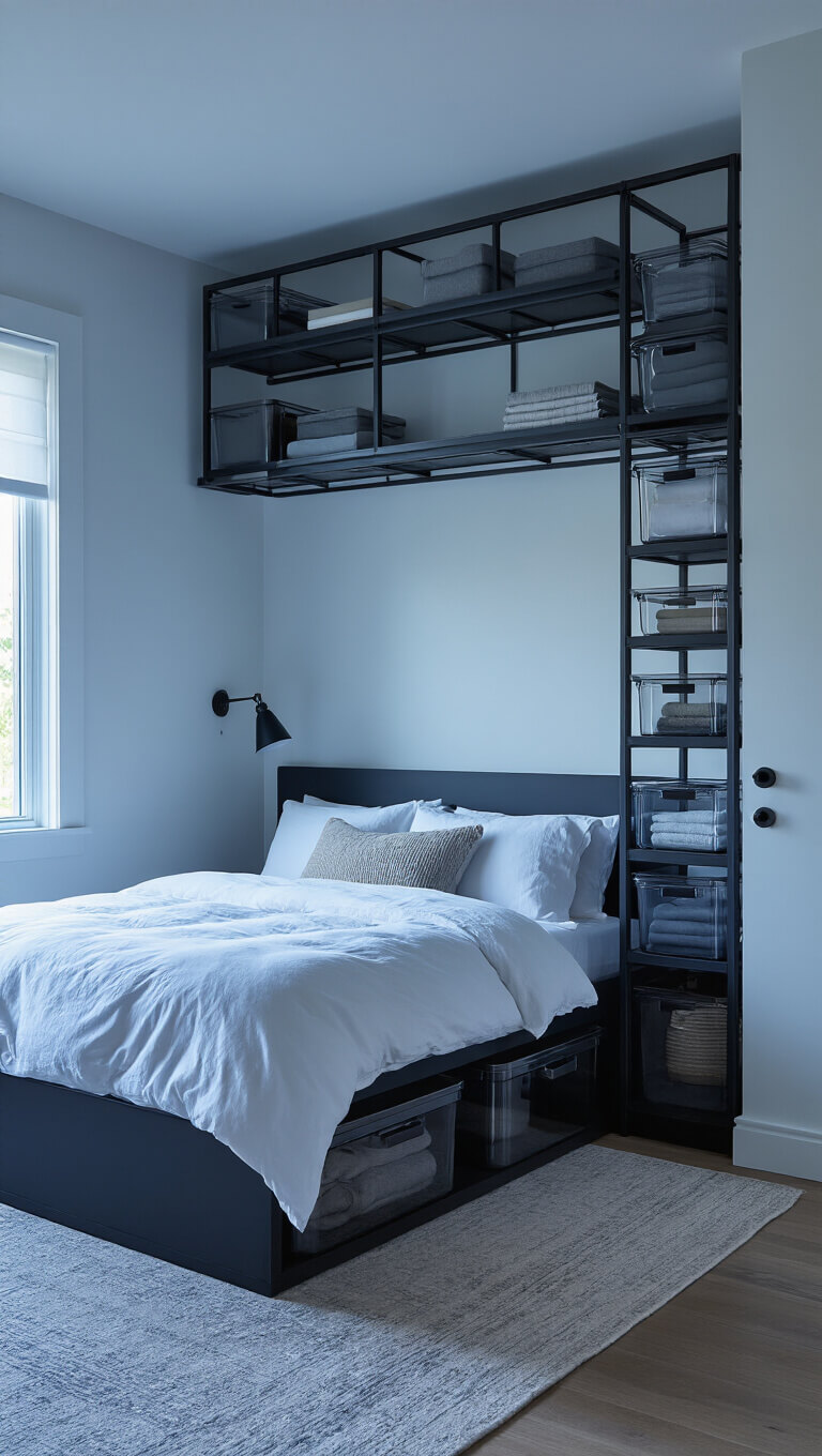 Blue hour bedroom nook with smoked glass under-bed storage, matte black door organizers, and soft white bedding in moody lighting.