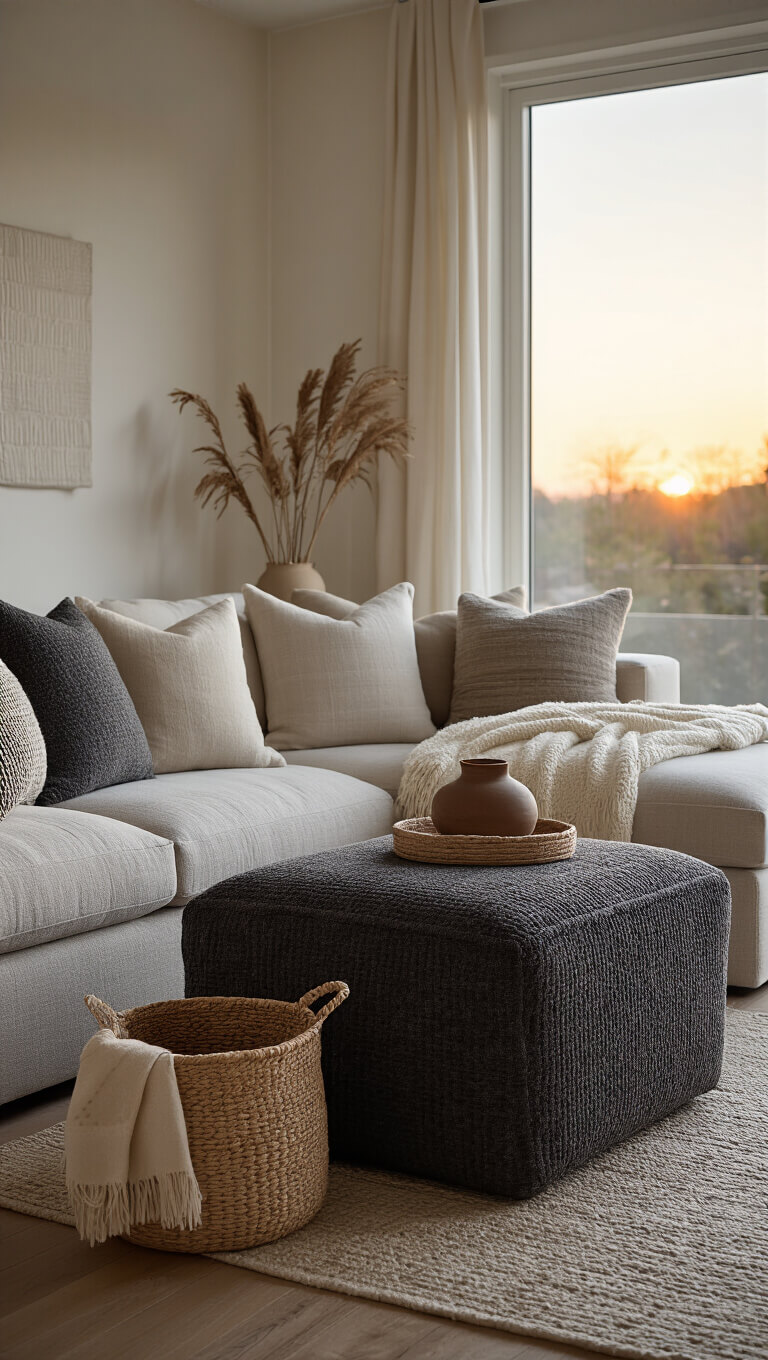 Sunset-lit cozy living area with charcoal bouclé storage ottoman, natural linen sectional, and layered neutral-toned textiles highlighting texture.