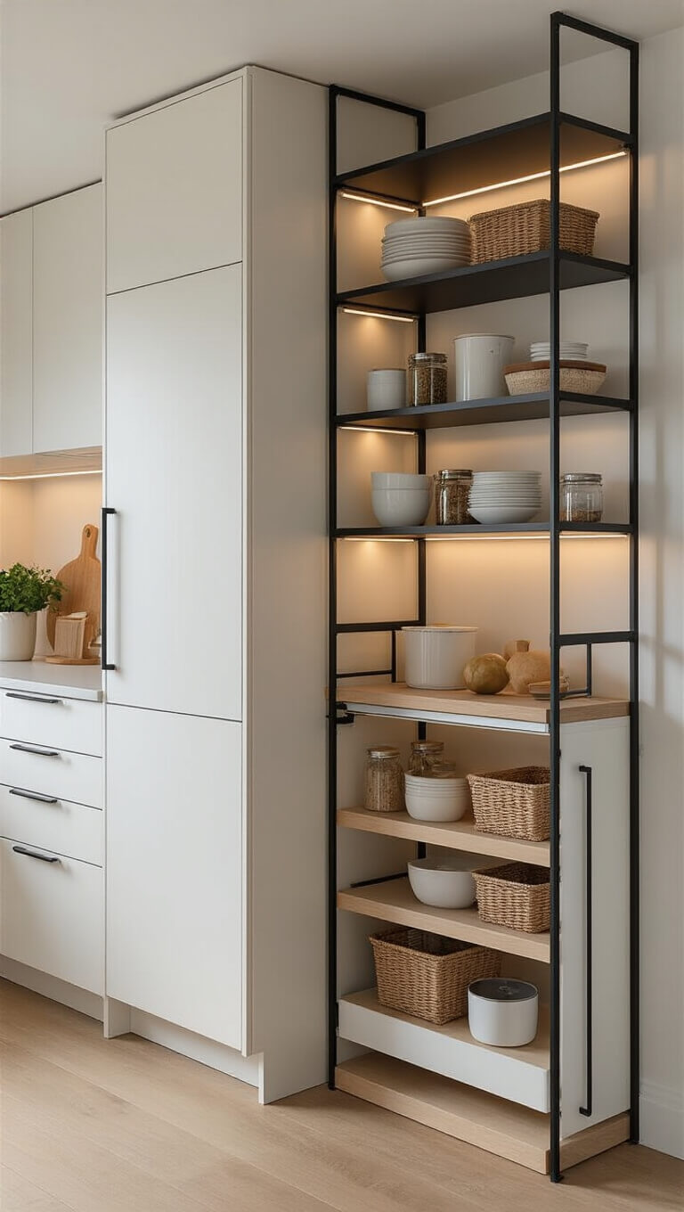Modern kitchen with vertical storage, matte white pull-out pantry units, black floating shelves, and under-cabinet lighting in natural morning light.