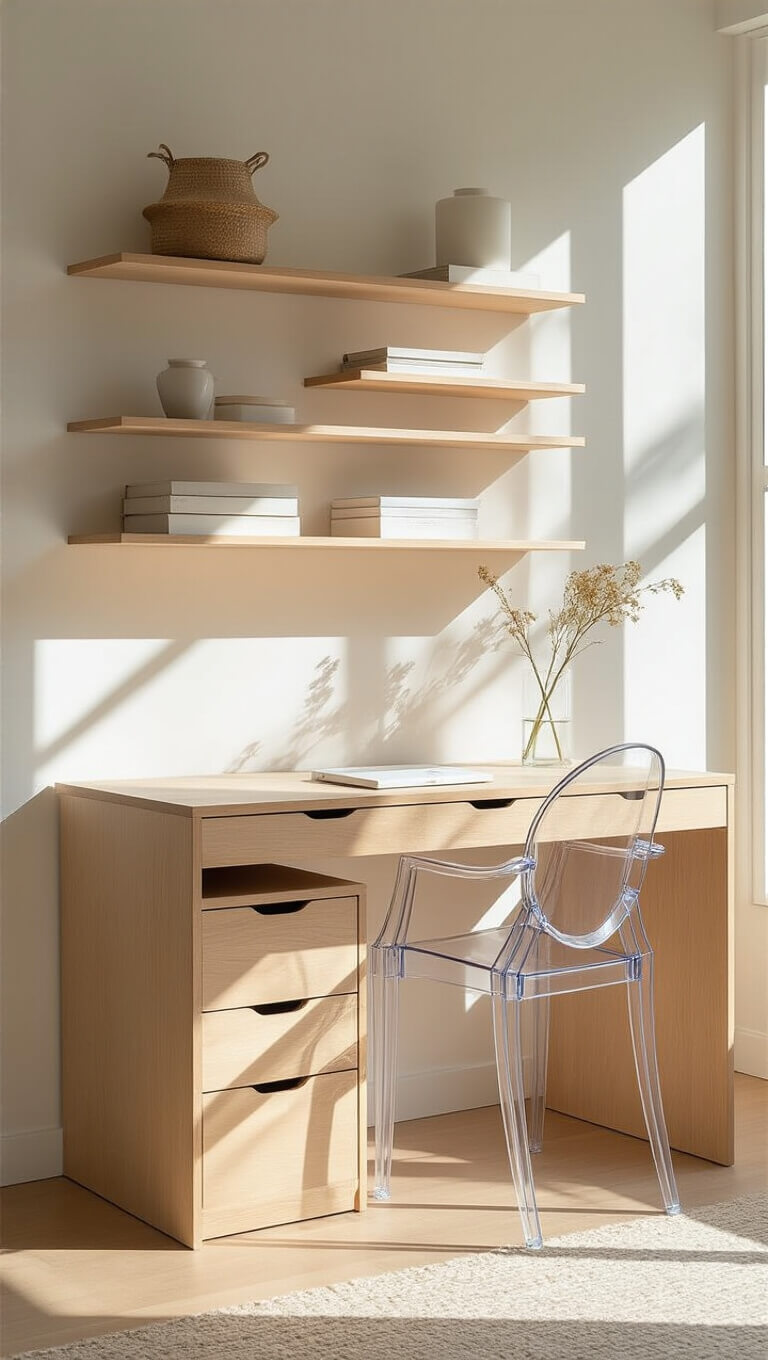 Serene afternoon-lit workspace with a fold-down pale ash wall-mounted desk, floating shelves above, and a transparent acrylic chair.