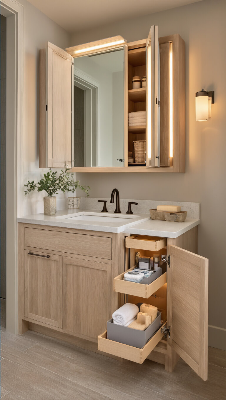 Evening bathroom with smart storage: white oak vanity with pull-out organizers, hidden compartments, and LED-lit medicine cabinet in warm spa-like lighting.