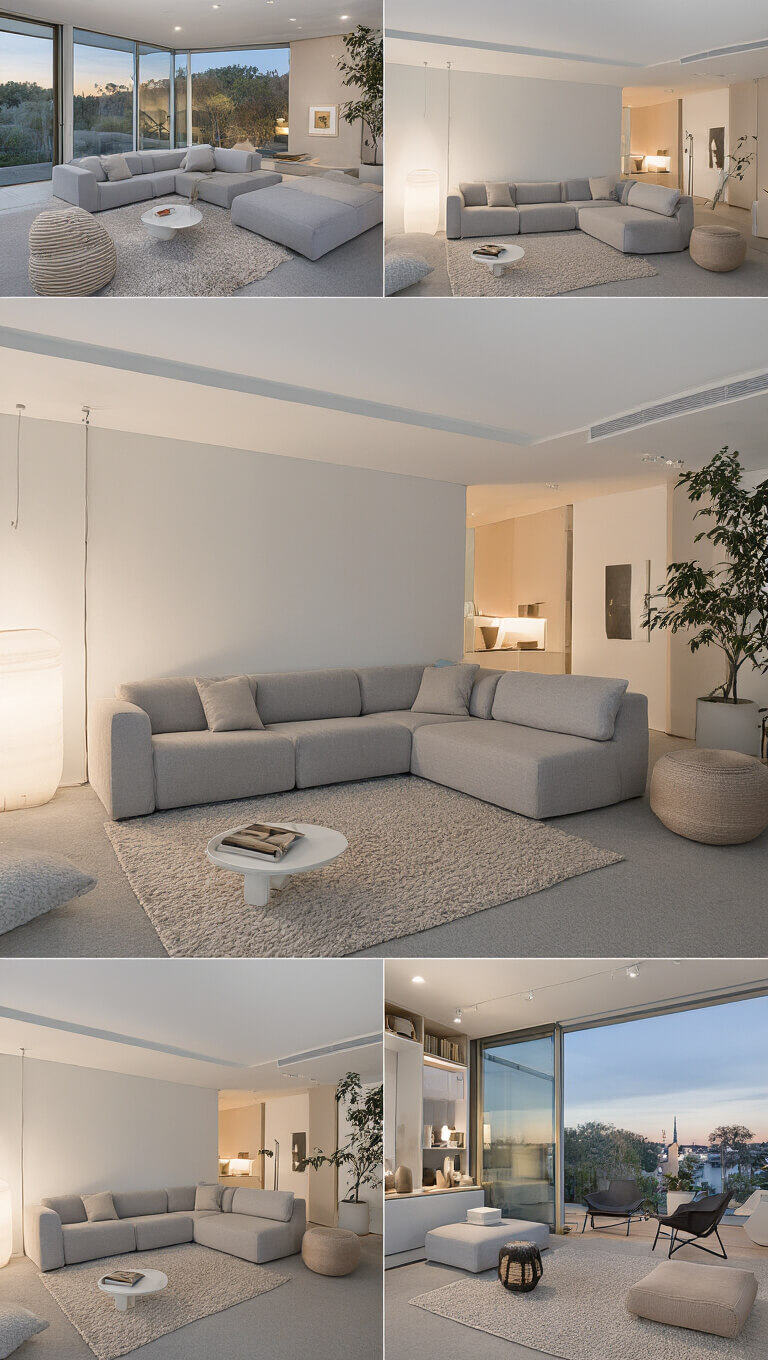 Modular neutral-toned living space at dusk with indirect lighting, showcasing curated decor and flexible furniture layout from multiple angles.