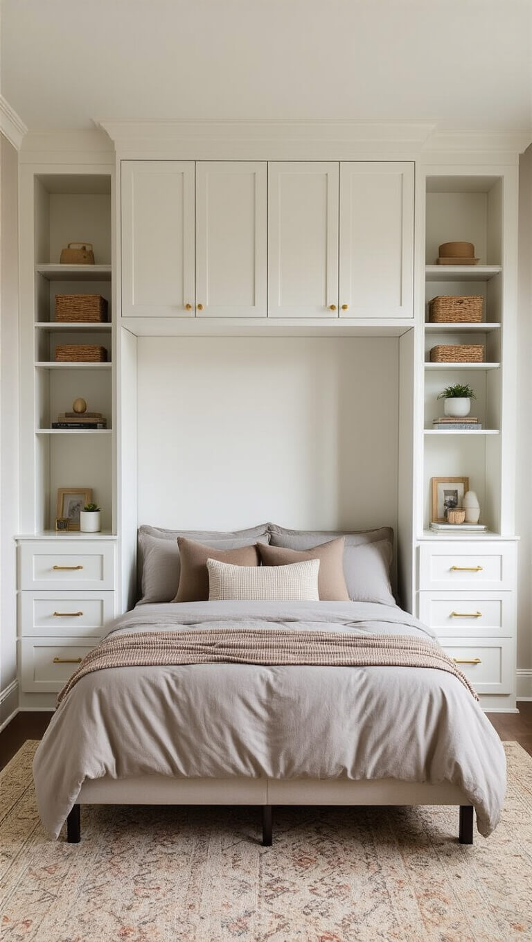 Time-lapse of a bedroom transforming into a home office with a Murphy bed folding into the wall, revealing a workspace flanked by white built-in storage with brass hardware.