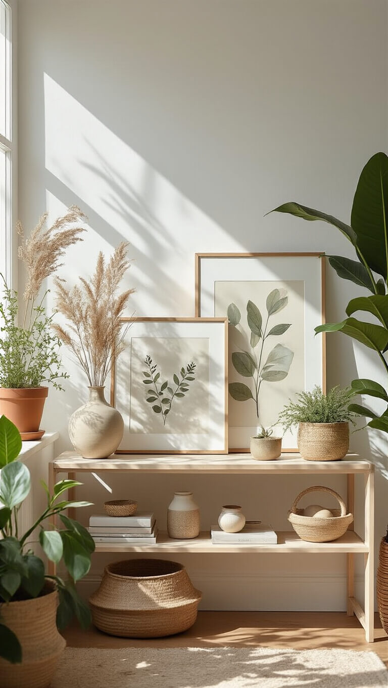 Seasonal home vignette with artwork leaning against white walls, styled shelves in nature tones, potted plants, and close-up textures in bright natural light.