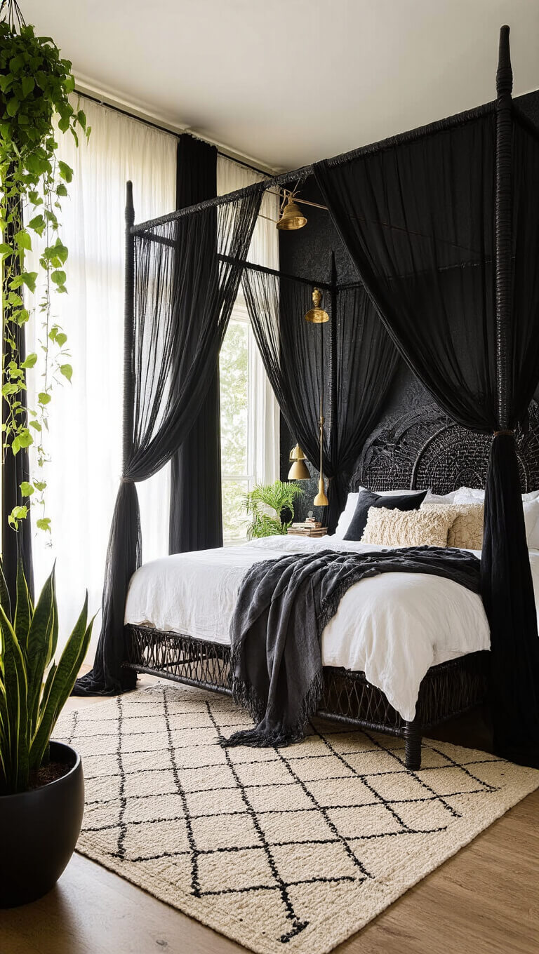 Moody bohemian bedroom with black rattan canopy bed, layered textiles, brass lighting, textured wallpaper, Moroccan rugs, and lush greenery in soft golden light.