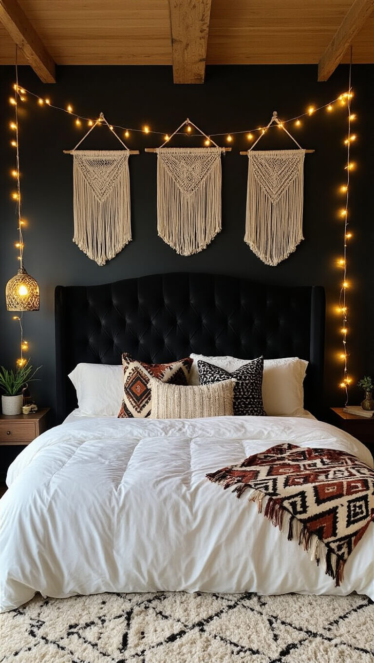 Cozy dusk-lit bedroom with black velvet headboard, tribal pillows, macramé art, and warm string lights on wooden beams.