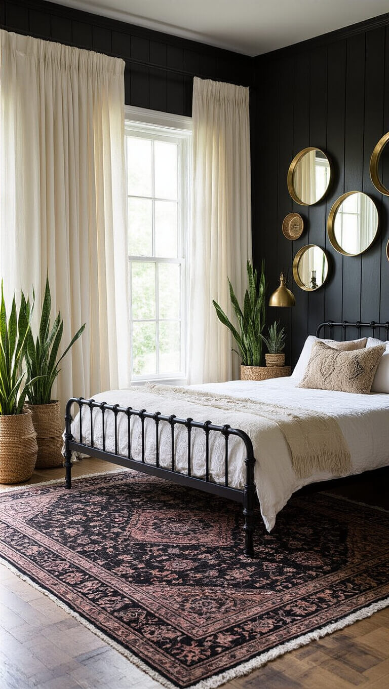 Boho bedroom with black shiplap walls, iron bed on layered Persian rugs, metallic planters with tall plants, brass mirrors reflecting natural light through ivory curtains.