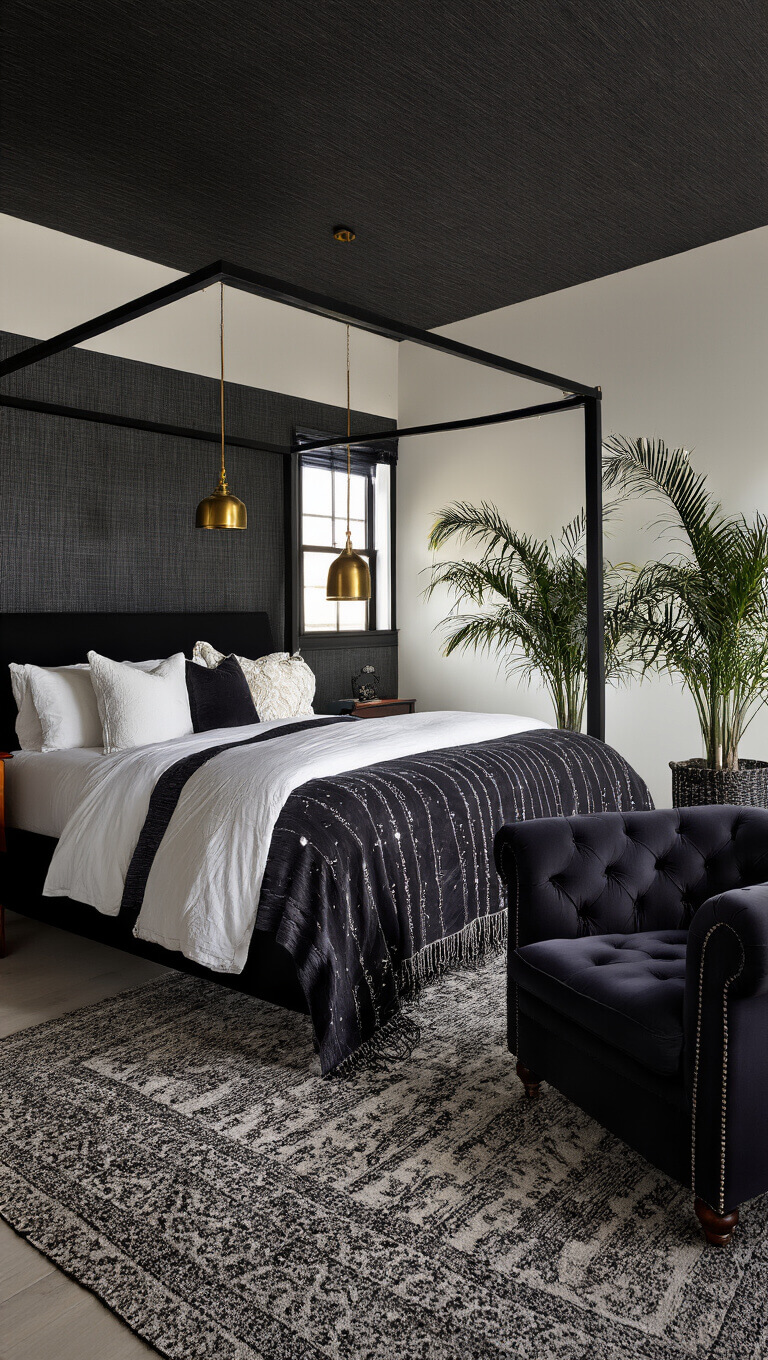 Luxurious twilight master bedroom with black grasscloth walls, four-poster bed in layered charcoal-to-white linens, Moroccan wedding blanket, brass pendant lights, and velvet armchair framed by potted palms.