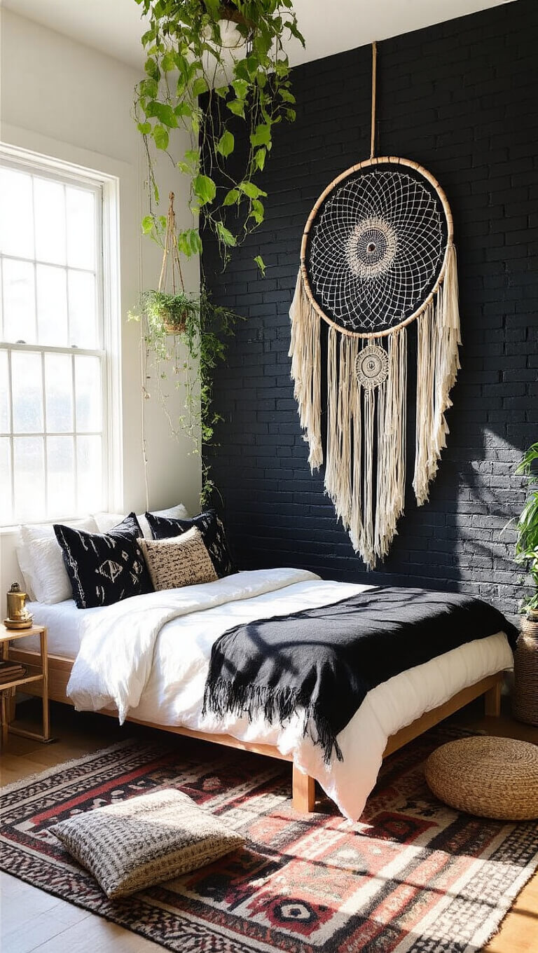 Boho bedroom with black brick accent wall, large dreamcatcher, platform bed with mudcloth pillows, layered vintage rugs, meditation corner, and trailing ceiling plants lit by morning light.