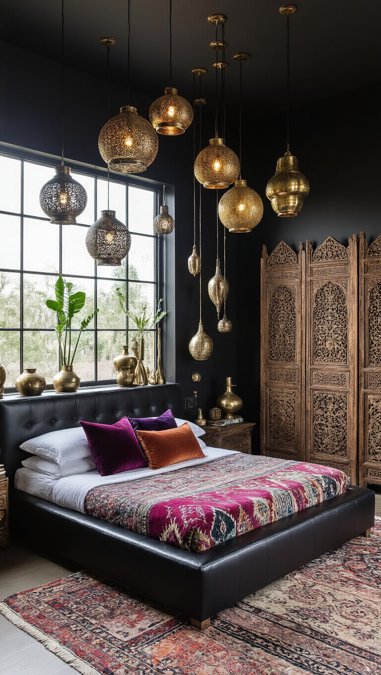 Moody 14x16ft bedroom with matte black walls, black leather platform bed, Moroccan textiles, brass pendant lights, carved wooden screens, and metallic decor accents.