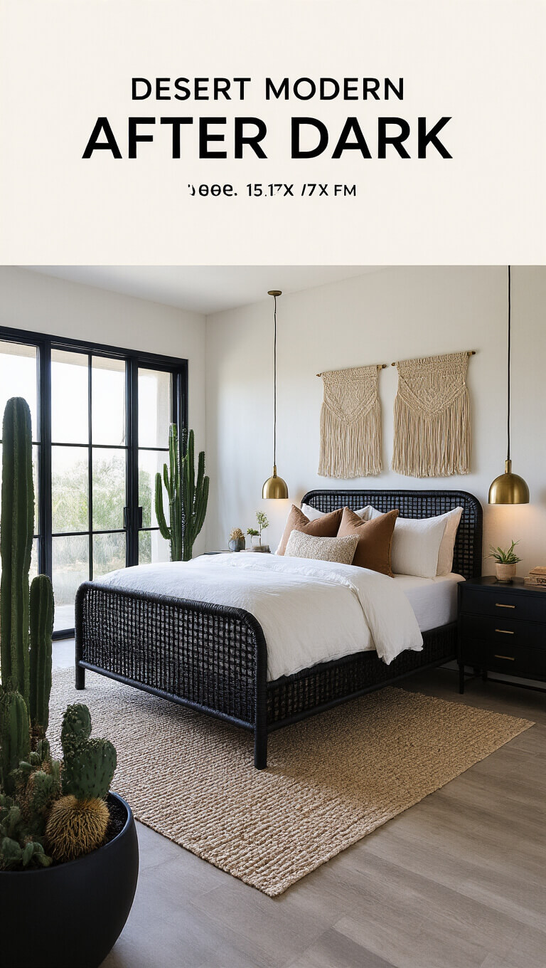Desert modern bedroom at night with black rattan bed, textured textiles, cacti in black pots, brass lighting, and woven wall hangings against dark accent walls.