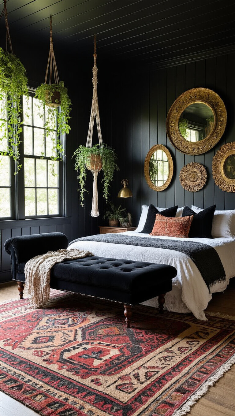 Artistic bohemian retreat with black shiplap walls, vintage brass mirrors, indigenous art, black velvet chaise, layered Kilim rugs, macramé plant hangers, and a sunlit platform bed.