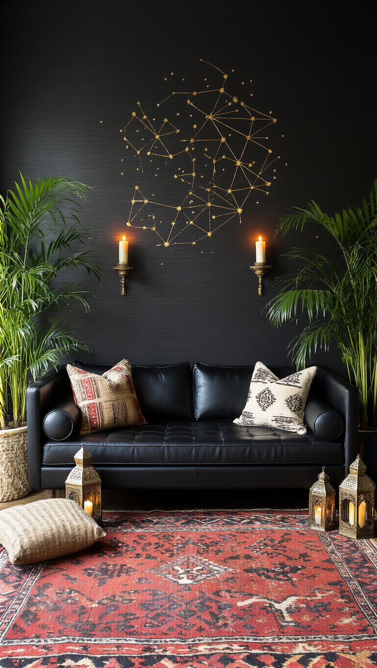 Moody midnight lounge with black grasscloth walls, brass constellation art, leather daybed, tribal rugs, Moroccan lanterns, and potted palms.