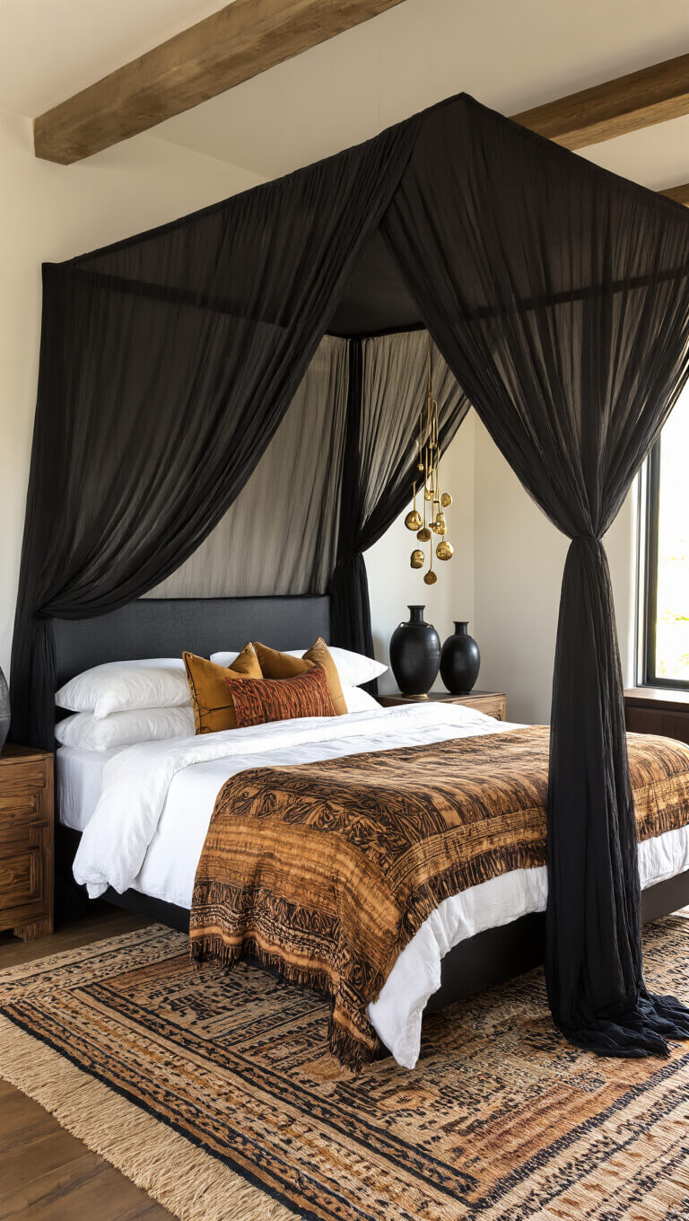 Bedroom with black canopy bed, vintage African textiles, brass mobile, and ceramic vessels bathed in late afternoon sunlight.